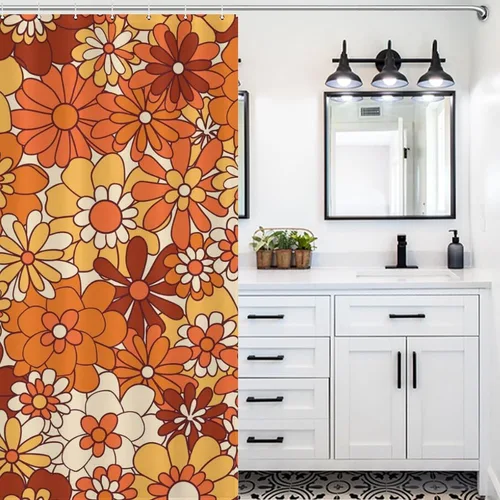 Miniatura 3 de Ohocut Cortina de ducha floral naranja, cortinas de ducha retro bohemias para baño, bonitas cortinas de baño de flores geniales, cortina de ducha
