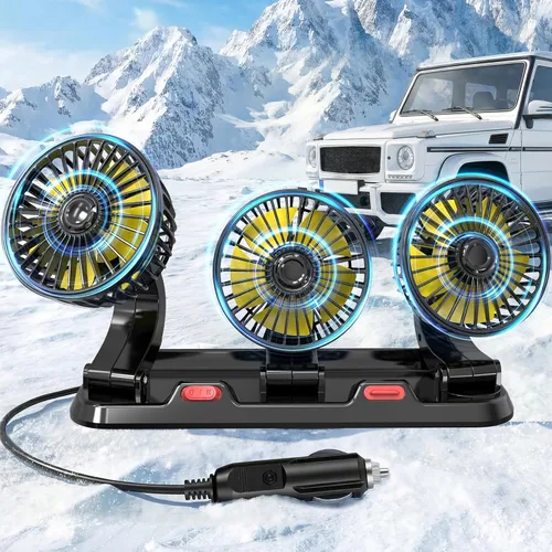 Ventilador de refrigeración portátil de 3 cabezales para vehículos, automóviles, camiones, tablero de instrumentos (enchufe para encendedor de