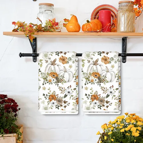 Miniatura 7 de AnyDesign Toalla de cocina de otoño de 18 x 28 pulgadas, acuarela, calabazas blancas, hojas, paño de cocina decorativo de otoño para secado de manos
