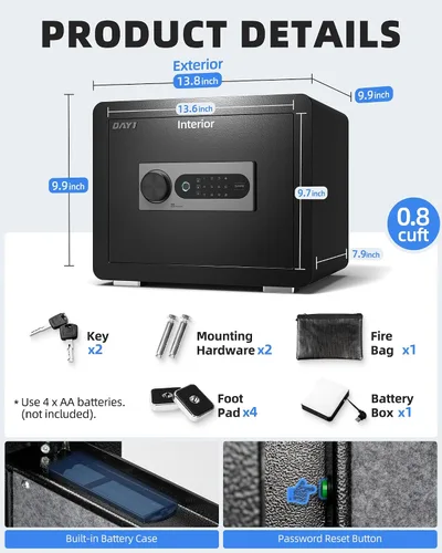 Miniatura 8 de DAYI Caja de seguridad biométrica de huellas dactilares, caja fuerte para el hogar de 0.8 pies cúbicos con bolsa ignífuga, panel táctil digital