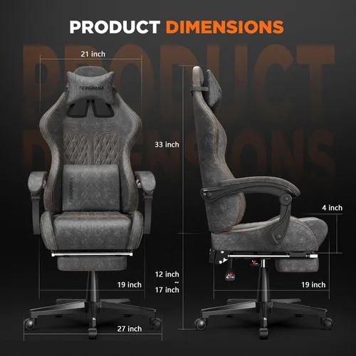Miniatura 3 de Ferghana Silla vintage de piel sintética para videojuegos, silla de jugador con respaldo alto con masaje, silla ergonómica de oficina para Gris Acero