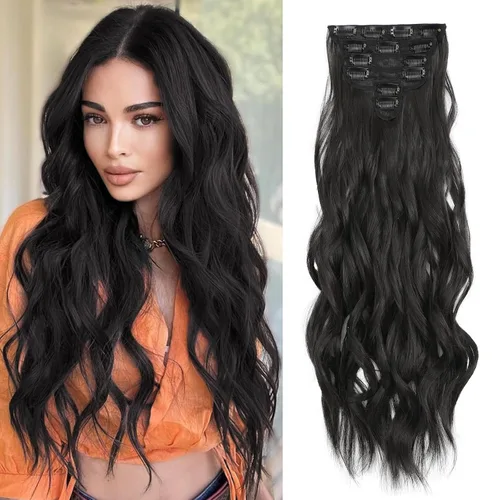 Miniatura 13 de Extensiones de cabello con clip para mujer, negro natural con reflejos marrones, 20 pulgadas, 6 piezas, extensiones de cabello largo, ondulado