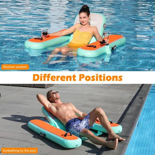 Miniatura 5 de FBSPORT Tumbona inflable para piscina para adultos, silla flotante de agua, balsa flotante de piscina con soporte para tazas y respaldo para Verde