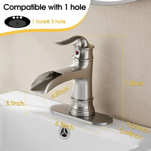 Miniatura 2 de FRANSITON Grifo de cascada para baño, una sola manija, un agujero, acabado de níquel cepillado, grifos de lavabo grandes (níquel cepillado)
