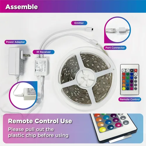 Miniatura 5 de Tira de luces LED, tira de luz RGB de 16.4 pies con control remoto y fuente de alimentación, revestimiento de poliuretano, adaptador ETL de 12 V CC