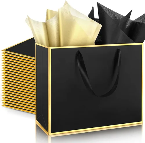 ReliThick Paquete de 24 bolsas de regalo de papel metálico con asas y papel de seda de 11.8 x 10 x 4 pulgadas, bolsa de agradecimiento para Negro