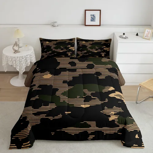 Miniatura 3 de Erosebridal Juego de ropa de cama de camuflaje marrón y negro, moderno juego de edredón abstracto de camuflaje militar, edredón acolchado con rayas