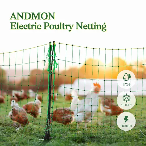 Miniatura 3 de ANDMON Malla eléctrica para aves, 48" x 164' de malla de valla eléctrica con postes de fibra de vidrio dobles clavados, valla eléctrica para pollos
