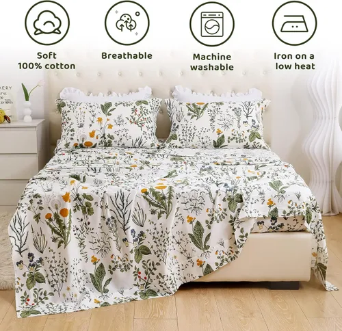 Miniatura 3 de QSH Sábanas 100% Algodón para Cama Tamaño Queen, Patrón Botánico de Plantas con Flores Amarillas, Sábanas de Cama Florales Impresas de Algodón