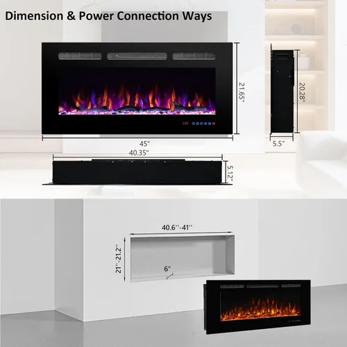 Miniatura 6 de Chimenea eléctrica de 45 pulgadas, insertos de chimenea para montar en la pared y empotrar, llama multicolor con 5 atenuadores, termostato