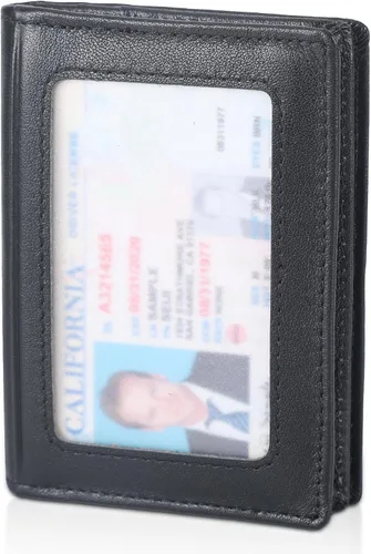 Miniatura 11 de Bolsillo frontal con bloqueo RFID, minimalista, delgado, de cuero, plegable, para tarjeta de crédito, con ventana de identificación