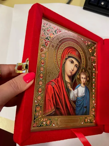 Miniatura 7 de Cristo, maestro y virgen de kazán, icono ortodoxo, díptico en funda de terciopelo sintético rojo, Virgen María y Cristo de 8 pulgadas, regalo