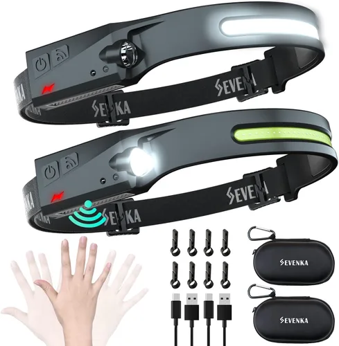 SEVENKA Linterna frontal recargable con funda de transporte, lámpara LED brillante para exteriores, haz ancho, reflector y luz puntual, sensor de