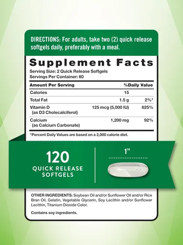 Miniatura 2 de Nature's Truth Calcio 1200 mg más suplementos de IU de vitamina D3 5000, 120 cuentas (Paquete de 3)
