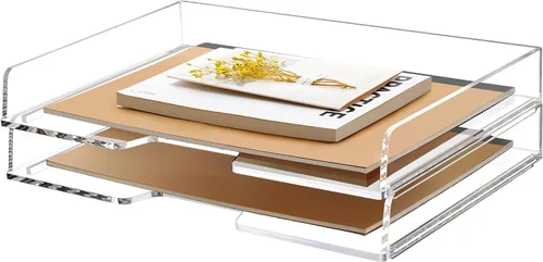 Paquete de 2 bandejas apilables de papel para cartas, organizador de escritorio de archivos A4 ampliado, organizador de escritorio de acrílico y