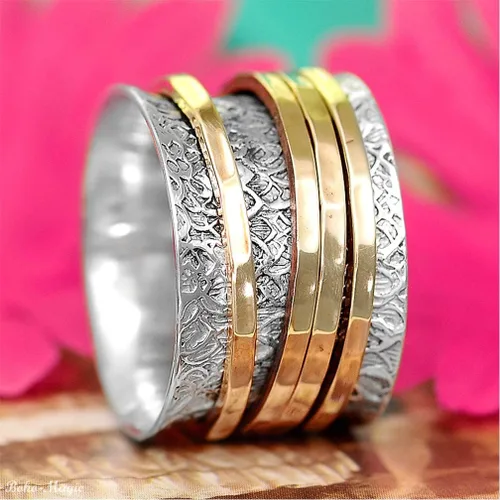 Miniatura 6 de Boho-Magic Anillo giratorio de plata de ley 925 para mujer con 4 anillos de latón para ansiedad, banda ancha gruesa, Metal