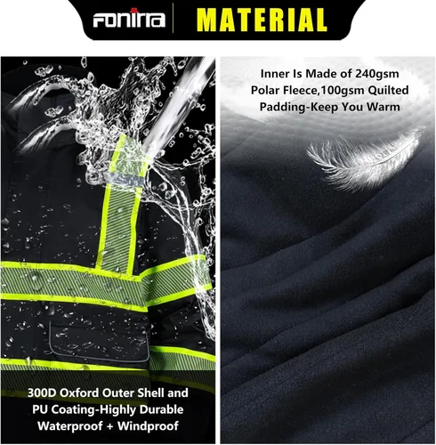 Miniatura 4 de FONIRRA Chaquetas de seguridad de alta visibilidad con forro polar, chaqueta impermeable reflectante ANSI Clase 3 para hombre Negro