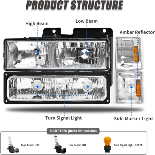 Miniatura 4 de para Sierra 1994-1998 Conjunto de Faros compatible con GMC C10/Sierra/Suburban/Yukon 1994-1998 con Parachoques y Esquina Carcasa Cromada