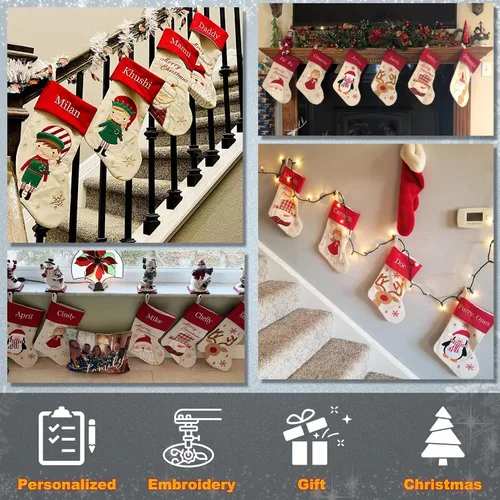 Miniatura 6 de Juego de 3, medias de Navidad personalizadas de 18 pulgadas con tecnología de bordado, diseños de Papá Noel, muñeco de nieve y renos para decoración