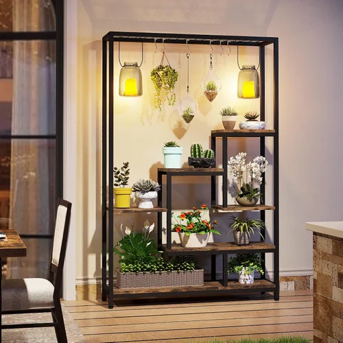 Miniatura 5 de Tribesigns Soporte alto para plantas de interior de 5 niveles, estante grande de metal para plantas de 70.9 pulgadas con 6 ganchos colgantes en S