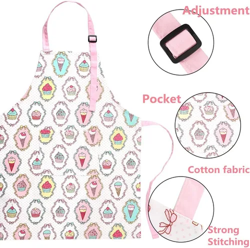 Miniatura 4 de Juego de delantal infantil y gorro de chef, delantales ajustables de algodón para niños con bolsillo grande, lindos para niñas y niños, baberos