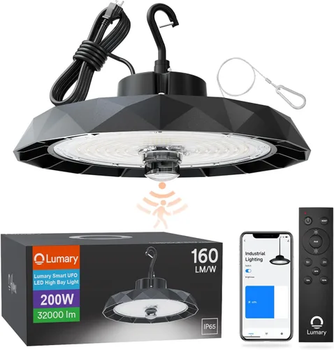 Miniatura 9 de Lumary Smart Bluetooth UFO LED High Bay Light Sensor de movimiento de 100 W, 16,000 lm 5000 K regulables luces de garaje para taller, compatible