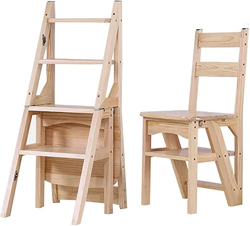 Silla de escalera plegable de madera, taburete y silla 2 en 1, estilo rústico, perfecta para comedor, uso en interiores y exteriores, capacidad de