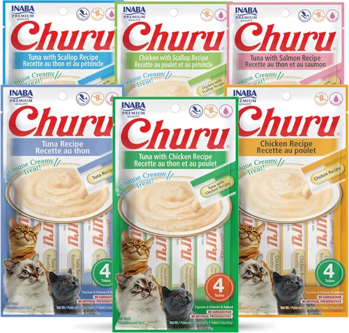 INABA Churu Lickable Puré húmedo para gatos, sin granos, sin conservantes, con vitamina E añadida y té verde, paquete de 6 sabores de 24 tubos