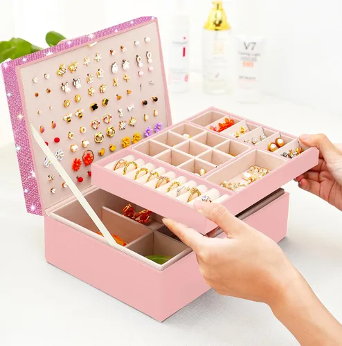 Miniatura 62 de Joyero de pendientes para mujeres y niñas, organizador de aretes de 5 capas, caja organizadora de joyas blanca con candado, collares y aretes