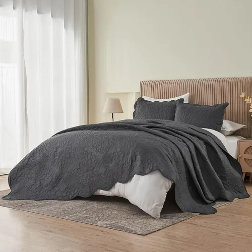 Miniatura 6 de Kingnex Juego de colcha tamaño King de 106 x 96 pulgadas, suave, ligera, acolchada, 3 piezas, 1 edredón y 2 fundas de almohada, color gris oscuro