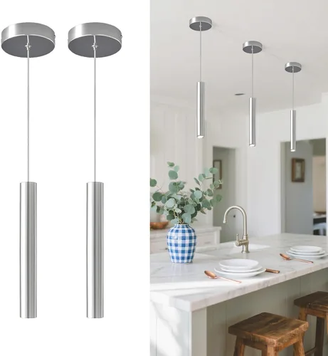 Modernas lámparas colgantes LED cromadas de tubo largo, paquete de 2 lámparas colgantes para dormitorio, comedor, bar, cocina, isla, luz colgante de
