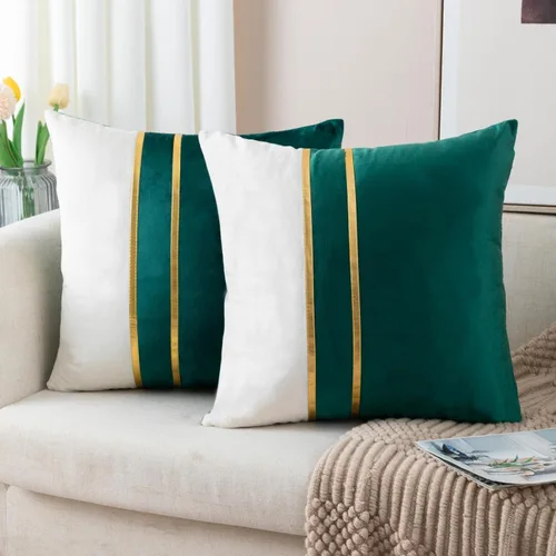 Miniatura 11 de ZLINA Juego de 2 fundas de almohada decorativas de terciopelo verde aguamarina y blanco con parches y cuero dorado de 16 × 16 pulgadas, fundas