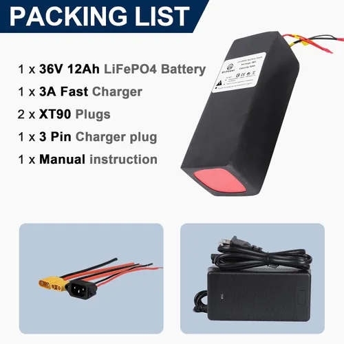 Miniatura 8 de Paquete de baterías de litio B de 36V 12AH LiFePO4 incorporado 30A BMS para motor de 36V 0-540W
