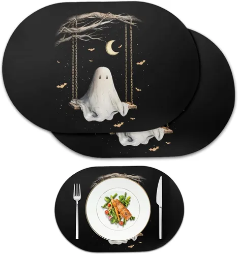 Ghost Placemats Set of 2 Wipeable Faux Leather 12X18 Inch Waterproof Non-Slip Mats Spooky Table Decor Heat Resistant for Scary Dinner Party Fantasma