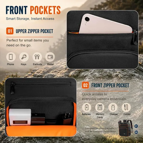 Miniatura 8 de Mochila para cámara DSLR/SLR/sin espejo, funda impermeable profesional para cámara de 11 x 5.9 x 15 pulgadas para fotógrafos, gris, negro, naranja