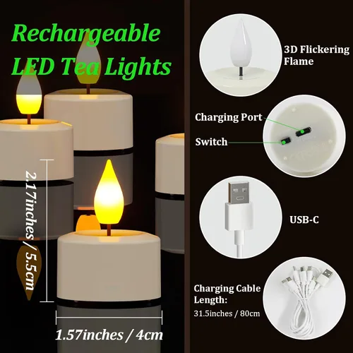 Miniatura 7 de SoulBay Velas de té recargables con control remoto, 12 piezas de velas LED sin llama parpadeantes con temporizador y cable de carga USB, sin