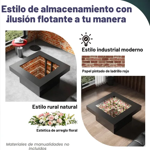 Miniatura 5 de FKWin Mesas de centro modernas negras – Mesa de centro cuadrada con espejo de profundidad infinita con luces LED, mesa negra para sala de estar