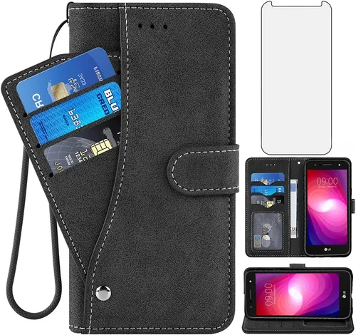 Compatible con LG X Charge/Fiesta 2 LTE/X Power 2/X5/LV7 Funda tipo cartera y protector de pantalla de vidrio templado con tapa para tarjetero,