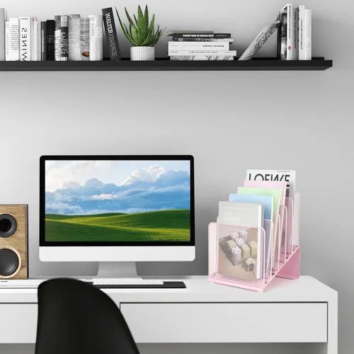 Miniatura 6 de LEKETREE Organizador de archivos para escritorio, organizador de escritorio con estante vertical de archivos de 5 secciones, organizador de Rosa
