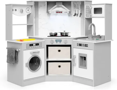 Miniatura 14 de INFANS Cocina de Juguete para Niños, Conjunto de Juego de Refrigerador Nevera de 2 Piezas Combinación con Tabla de Pared del Alfabeto Interactivo