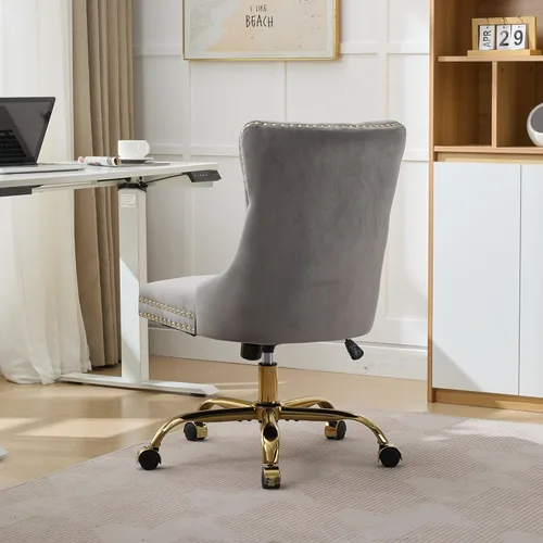 Miniatura 8 de LKTART Silla de oficina tapizada de terciopelo con botón copetudo con base de metal dorado, silla de escritorio ajustable silla de oficina giratoria