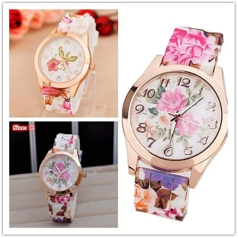 Miniatura 3 de Reloj para mujer, reloj de pulsera de cuarzo con estampado de flores y arco iris de silicona, cronógrafo (A)