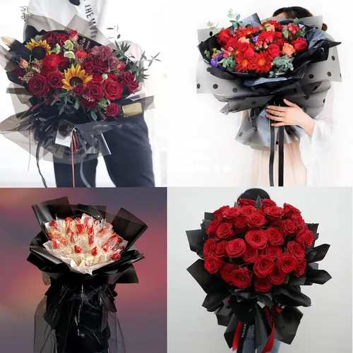 Miniatura 5 de Rollo de papel de regalo de celofán negro de 34 pulgadas de ancho x 100 pies de largo, papel de celofán de 3 mil de grosor, colorido ramo de flores