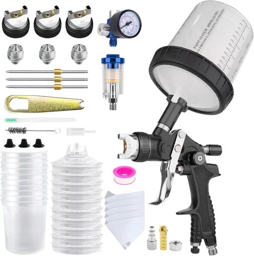 El kit de pistola de pulverización de aire HVLP incluye 10 vasos de pintura desechables de 22.0 fl oz con boquillas de 1.4/1.7/0.079 in. La pistola