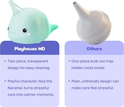 Miniatura 9 de Playhouse MD Booger Buddy - Bombilla aspiradora nasal, Narwhal, con luz LED para bebés y niños pequeños, removedor de mocos sin BPA para aliviar
