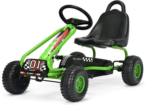 Miniatura 11 de Costzon Go Kart para niños, carrito de 4 ruedas alimentado por pedal con asiento ajustable, freno de mano y ruedas antideslizantes, auto de pedal