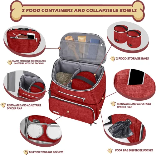 Miniatura 2 de BAGLHER Mochila de viaje para perros, mochila de suministros para mascotas aprobada por aerolíneas, mochila de viaje para perros con 2 cuencos Rojo