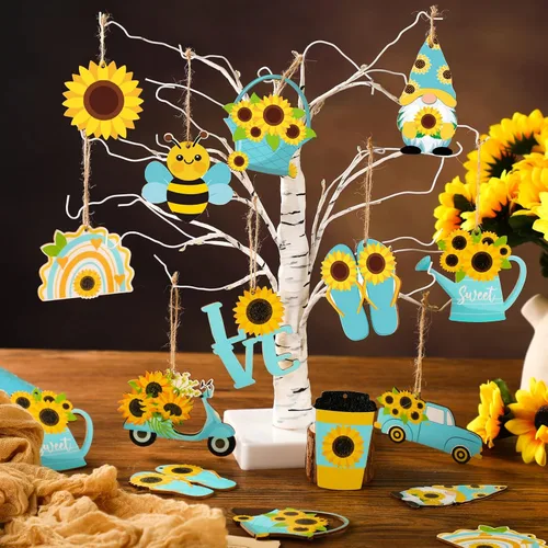 Miniatura 2 de Chunful Adorno de árbol de gnomo de girasol de verano, adornos colgantes de madera para primavera, decoración de árbol pequeño con cuerda