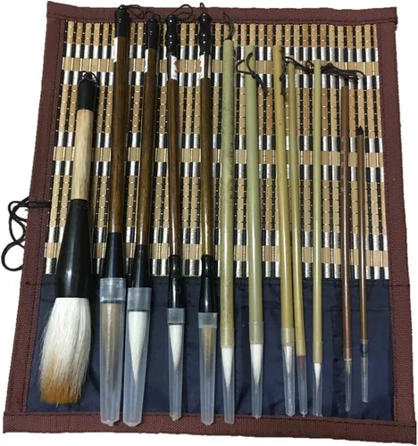 Semli Juego de pinceles de caligrafía china (12 piezas/juego) – redondo, multicolor, tinta a base de agua, soporte para pinceles de bambú – adulto,