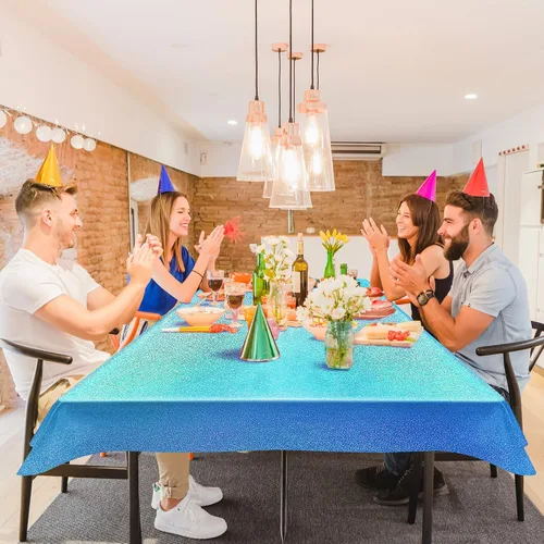 Miniatura 3 de 1 pieza Manteles Láser Holográficos Azules de 40" x 108" Manteles de Plástico para Fiestas Decoración de Fiesta Brillante Reluciente para Invierno